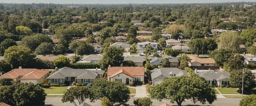 Well-maintained residential rooftops in Arlington Heights, Los Angeles County, California, with hazy coastal hills beyond
