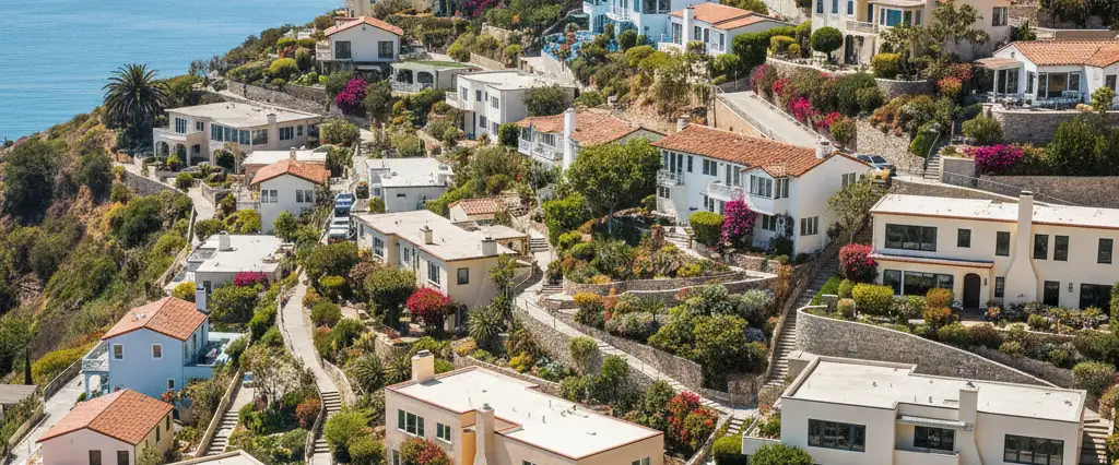 Well-maintained residential rooftops in Avalon, Los Angeles County, California, with hazy coastal hills beyond