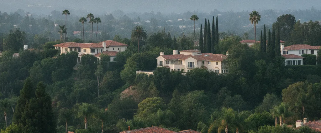 Well-maintained residential rooftops in Bel-Air, Los Angeles County, California, with hazy coastal hills beyond