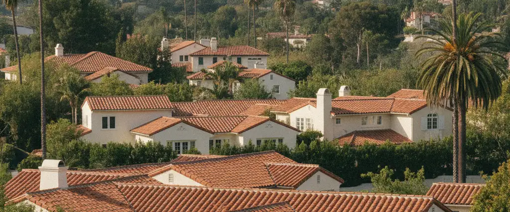 Well-maintained residential rooftops in Beverly Hills, Los Angeles County, California, with hazy coastal hills beyond
