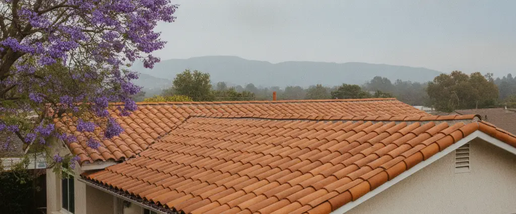 Well-maintained residential rooftops in Burbank, Los Angeles County, California, with hazy coastal hills beyond