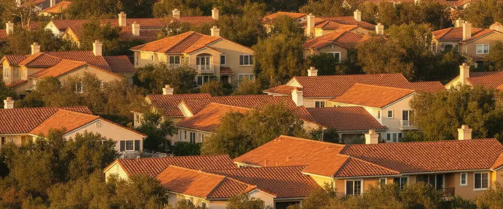 Well-maintained residential rooftops in Calabasas, Los Angeles County, California, with hazy coastal hills beyond
