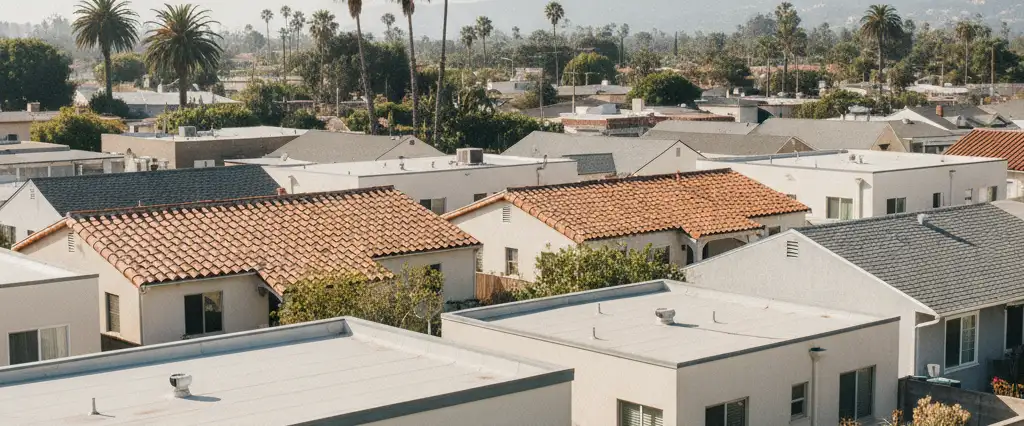 Well-maintained residential rooftops in Culver City, Los Angeles County, California, with hazy coastal hills beyond