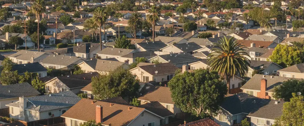 Well-maintained residential rooftops in Downey, Los Angeles County, California, with hazy coastal hills beyond