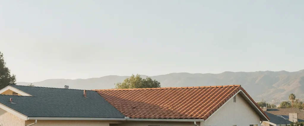 Well-maintained residential rooftops in El Monte, Los Angeles County, California, with hazy coastal hills beyond