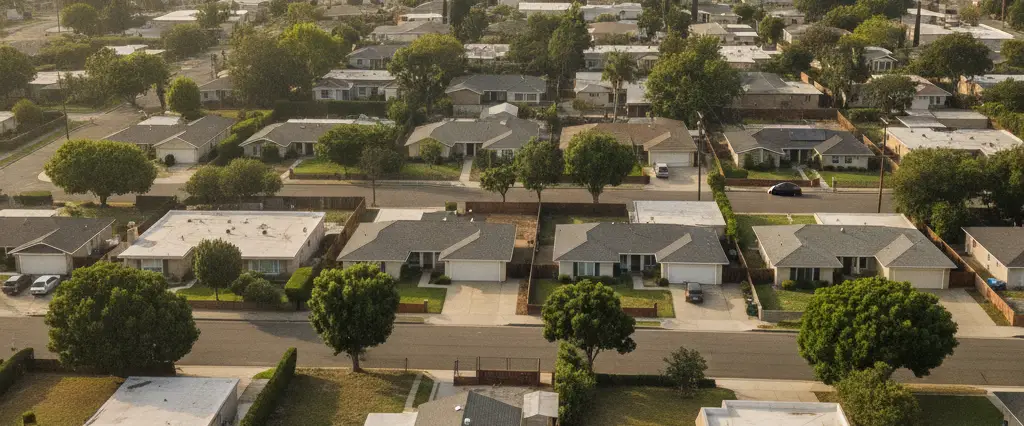 Well-maintained residential rooftops in Gardena, Los Angeles County, California, with hazy coastal hills beyond