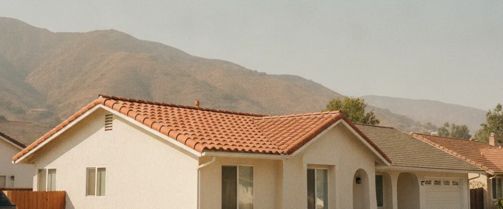 Well-maintained residential rooftops in Glendale, Los Angeles County, California, with hazy coastal hills beyond