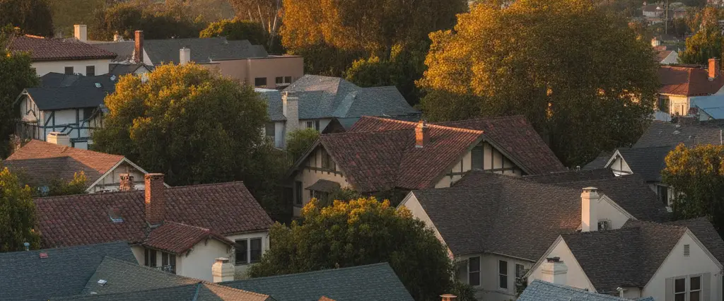 Well-maintained residential rooftops in Highland Park, Los Angeles County, California, with hazy coastal hills beyond