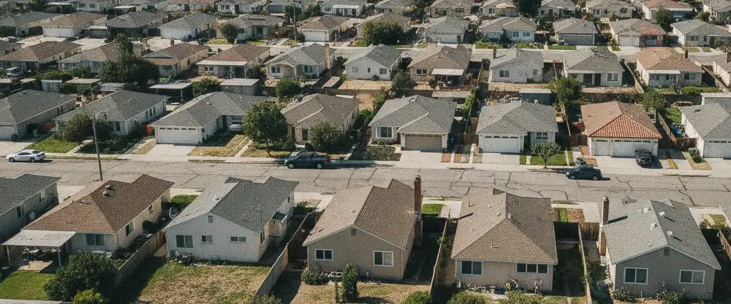 Well-maintained residential rooftops in Huntington Park, Los Angeles County, California, with hazy coastal hills beyond