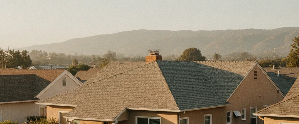 Well-maintained residential rooftops in Hyde Park, Los Angeles County, California, with hazy coastal hills beyond