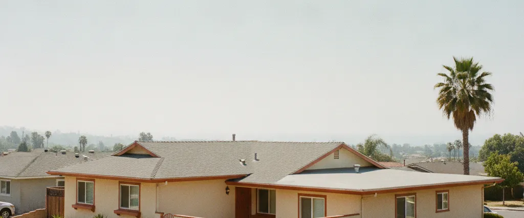 Well-maintained residential rooftops in Inglewood, Los Angeles County, California, with hazy coastal hills beyond