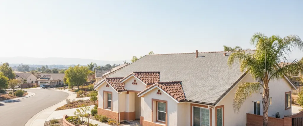 Well-maintained residential rooftops in Lakewood, Los Angeles County, California, with hazy coastal hills beyond