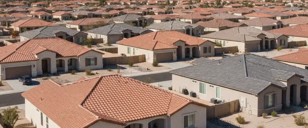 Well-maintained residential rooftops in Lancaster, Los Angeles County, California, with hazy coastal hills beyond