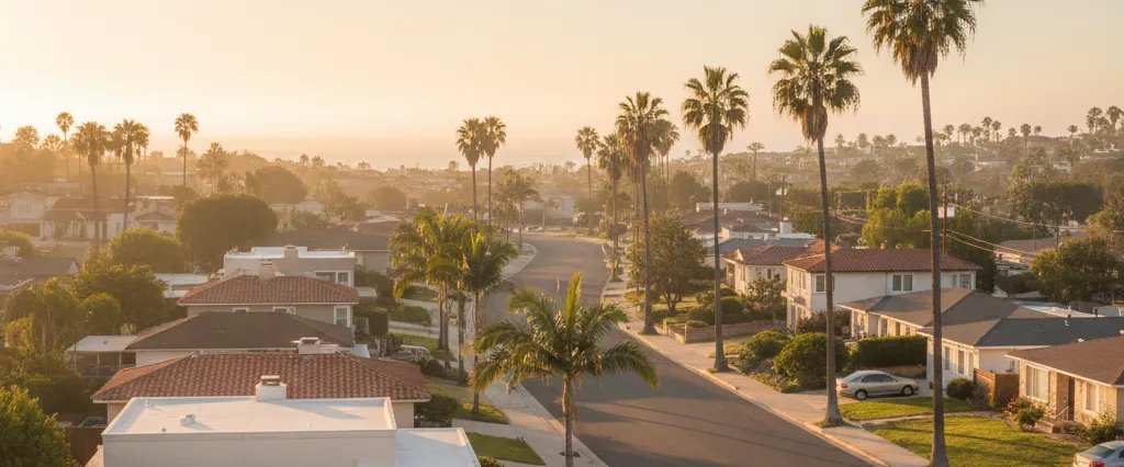 Well-maintained residential rooftops in Lomita, Los Angeles County, California, with hazy coastal hills beyond