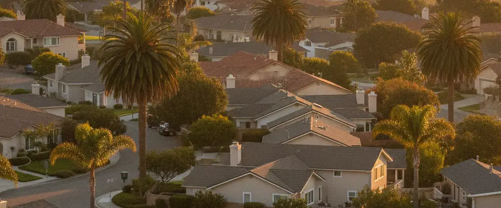 Well-maintained residential rooftops in Long Beach, Los Angeles County, California, with hazy coastal hills beyond