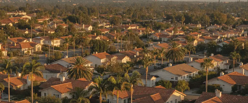 Well-maintained residential rooftops in Los Angeles, Los Angeles County, California, with hazy coastal hills beyond