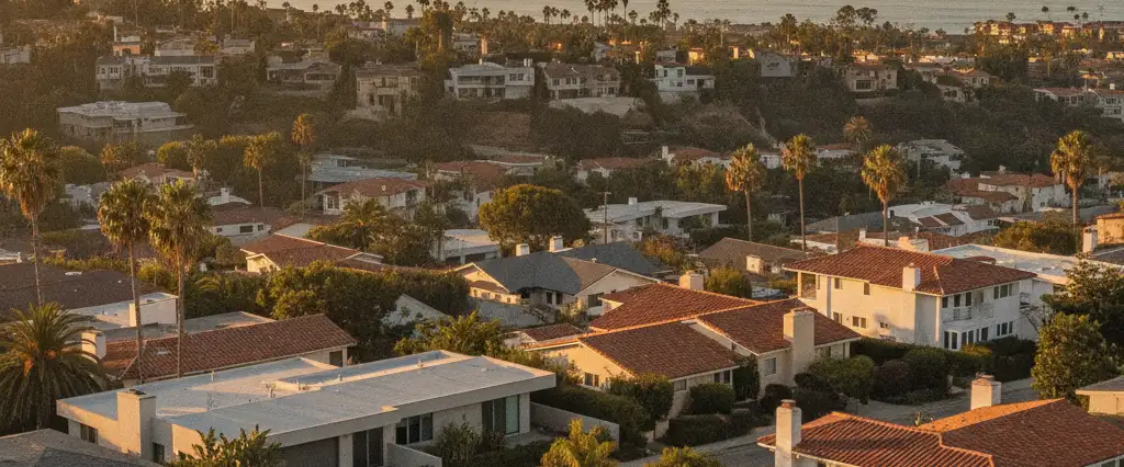 Well-maintained residential rooftops in Malibu, Los Angeles County, California, with hazy coastal hills beyond