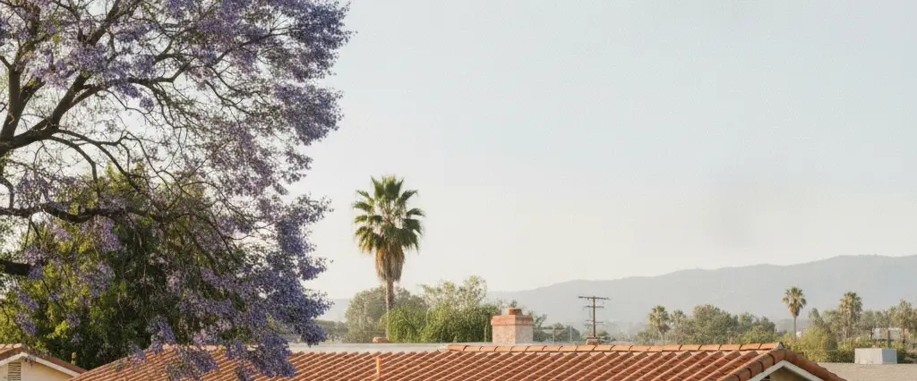 Well-maintained residential rooftops in North Hollywood, Los Angeles County, California, with hazy coastal hills beyond