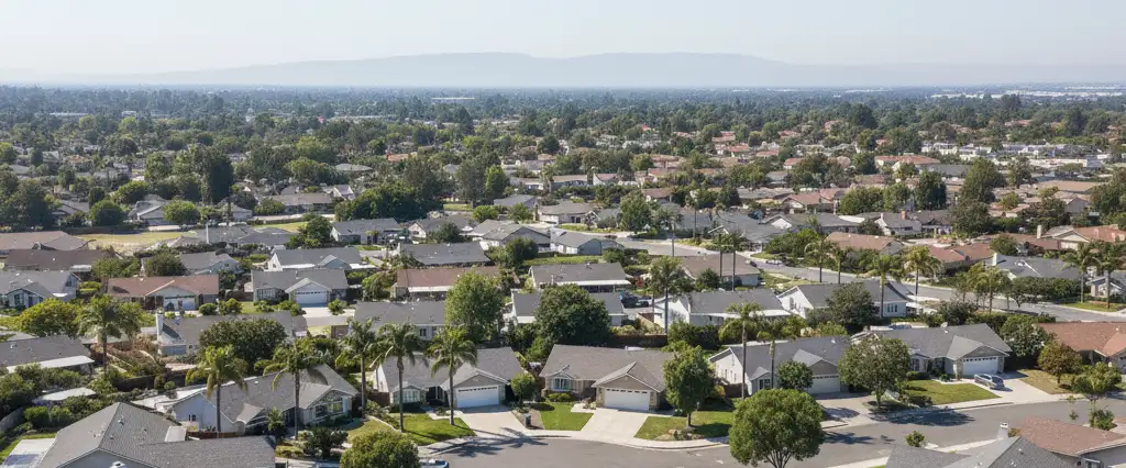 Well-maintained residential rooftops in Northridge, Los Angeles County, California, with hazy coastal hills beyond
