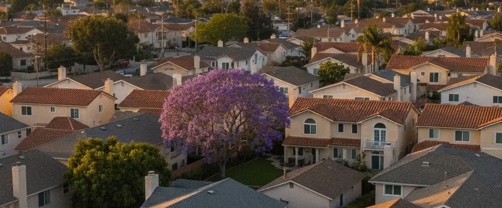 Well-maintained residential rooftops in Norwalk, Los Angeles County, California, with hazy coastal hills beyond