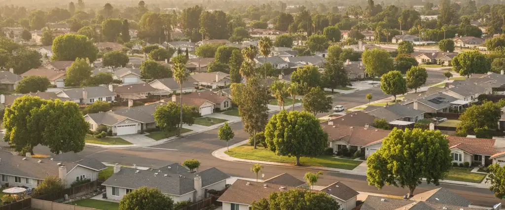 Well-maintained residential rooftops in Pomona, Los Angeles County, California, with hazy coastal hills beyond
