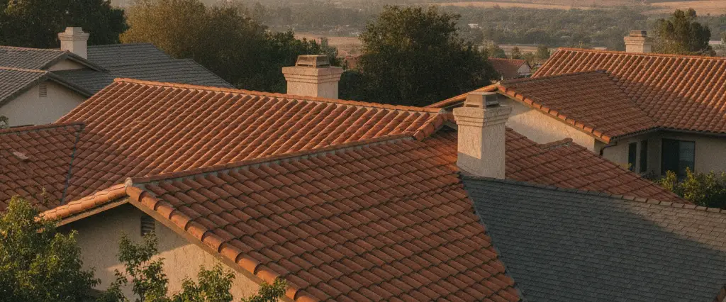 Well-maintained residential rooftops in San Fernando, Los Angeles County, California, with hazy coastal hills beyond