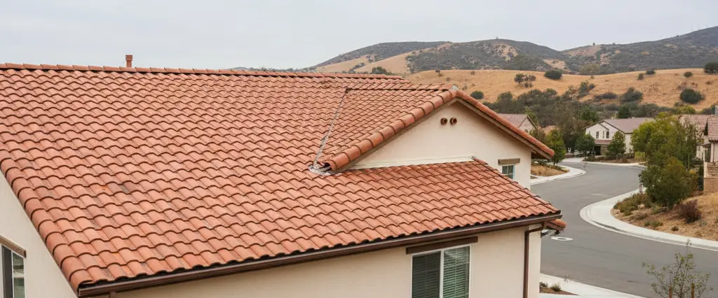 Well-maintained residential rooftops in Santa Clarita, Los Angeles County, California, with hazy coastal hills beyond