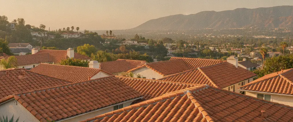Well-maintained residential rooftops in Sherman Oaks, Los Angeles County, California, with hazy coastal hills beyond
