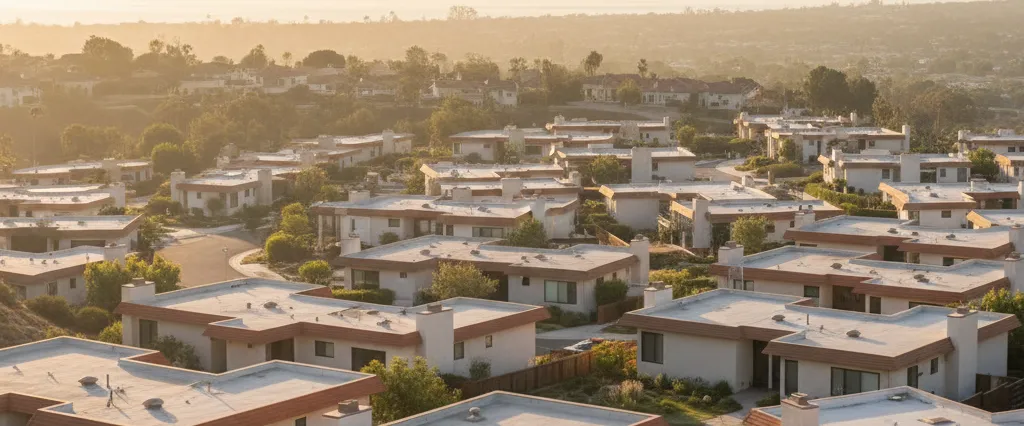Well-maintained residential rooftops in Torrance, Los Angeles County, California, with hazy coastal hills beyond