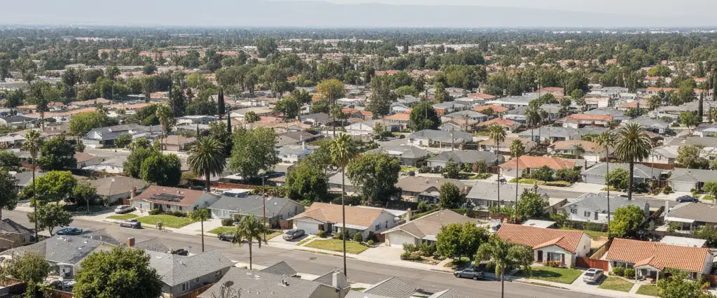 Well-maintained residential rooftops in Van Nuys, Los Angeles County, California, with hazy coastal hills beyond