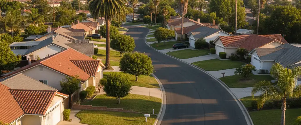 Well-maintained residential rooftops in West Covina, Los Angeles County, California, with hazy coastal hills beyond