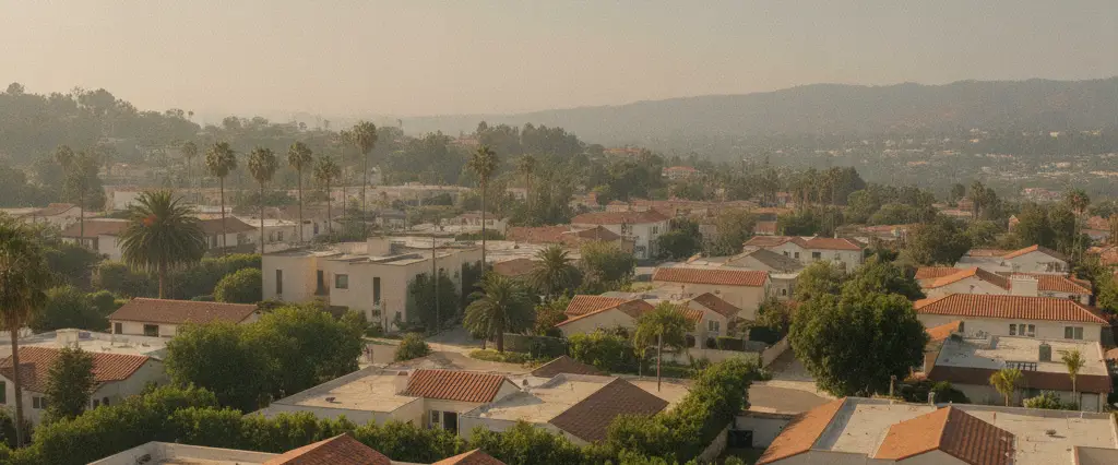 Well-maintained residential rooftops in West Hollywood, Los Angeles County, California, with hazy coastal hills beyond