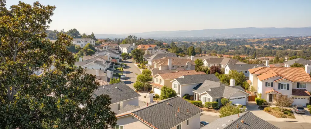Well-maintained residential rooftops in Whittier, Los Angeles County, California, with hazy coastal hills beyond