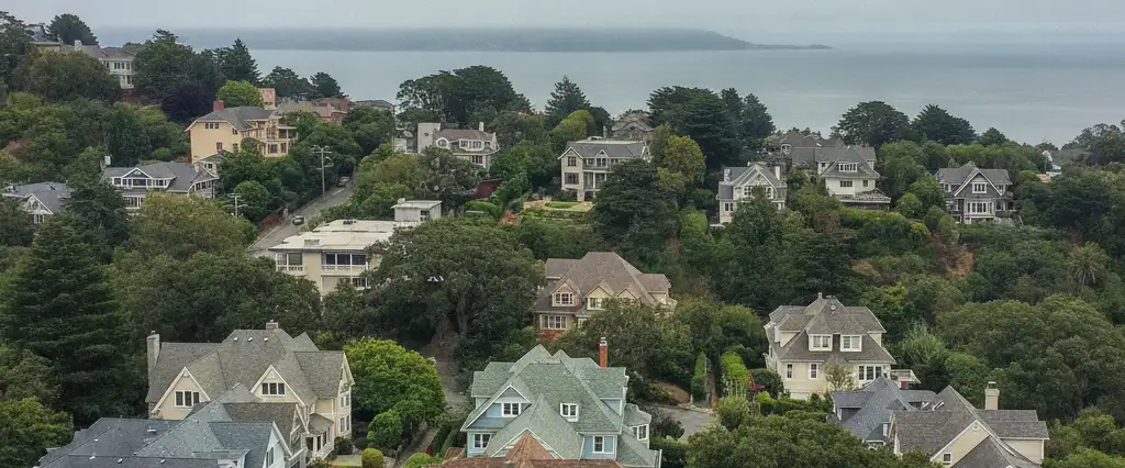 Well-maintained residential rooftops in Belvedere, Marin County, California, with rolling hills and coastal haze