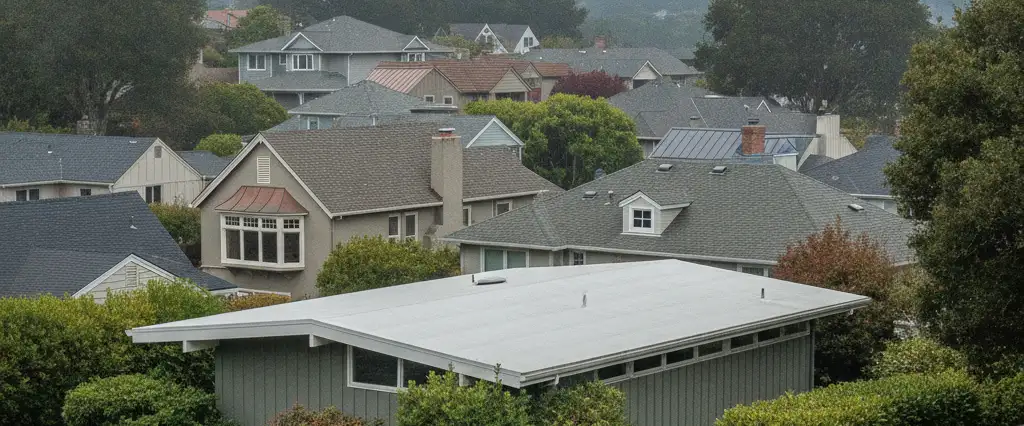 Well-maintained residential rooftops in Greenbrae, Marin County, California, with rolling hills and coastal haze