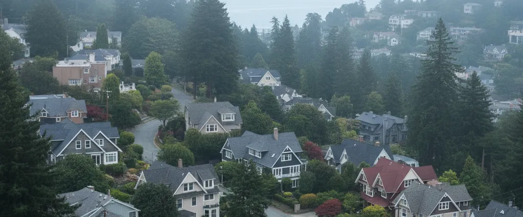 Well-maintained residential rooftops in Mill Valley, Marin County, California, with rolling hills and coastal haze