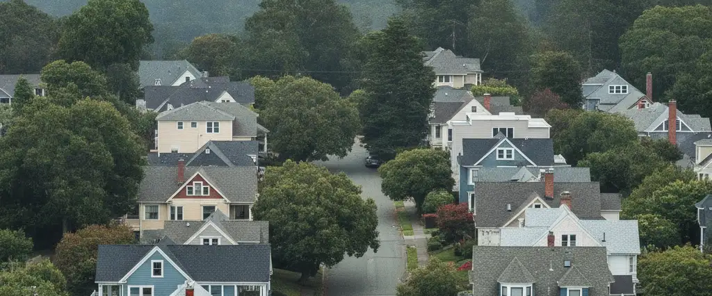 Well-maintained residential rooftops in San Anselmo, Marin County, California, with rolling hills and coastal haze