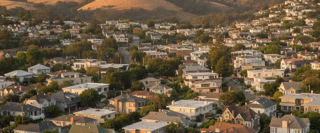 Well-maintained residential rooftops in San Rafael, Marin County, California, with rolling hills and coastal haze