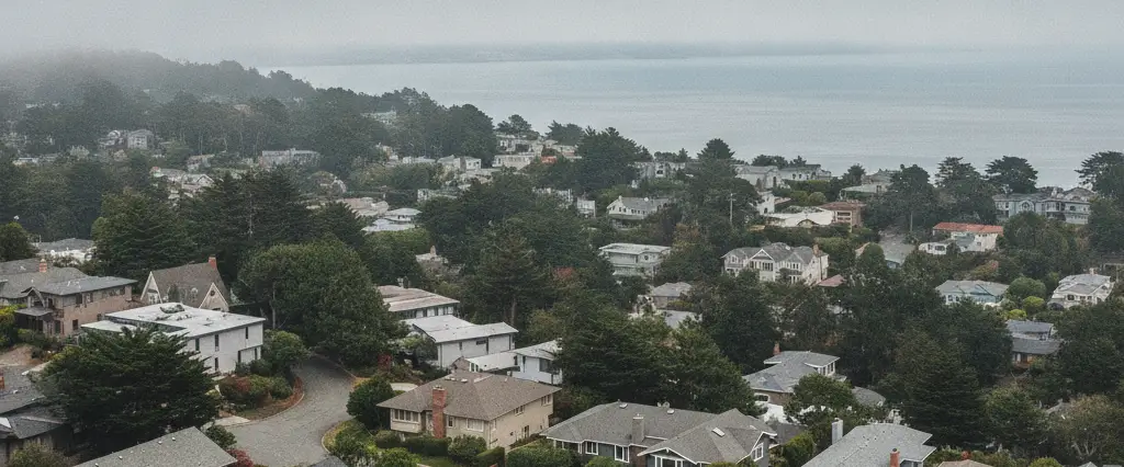 Well-maintained residential rooftops in Tiburon, Marin County, California, with rolling hills and coastal haze
