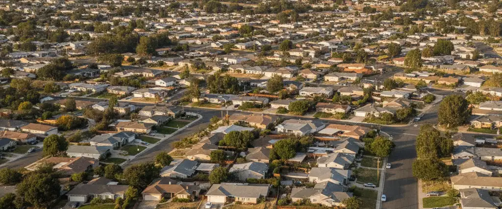 Well-maintained residential rooftops in Gonzales, Monterey County, California, with rolling hills and coastal haze
