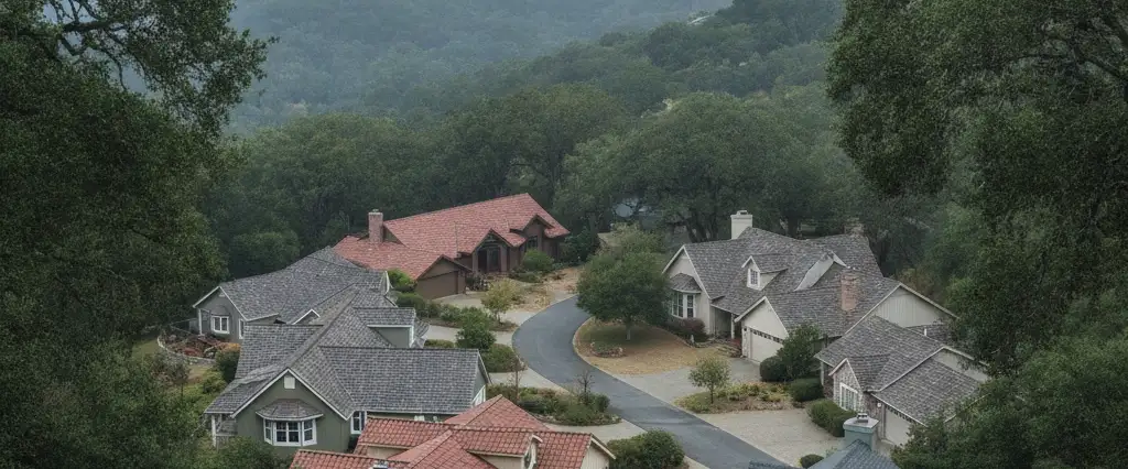 Well-maintained residential rooftops in Deer Park, Napa County, California, with rolling hills and coastal haze