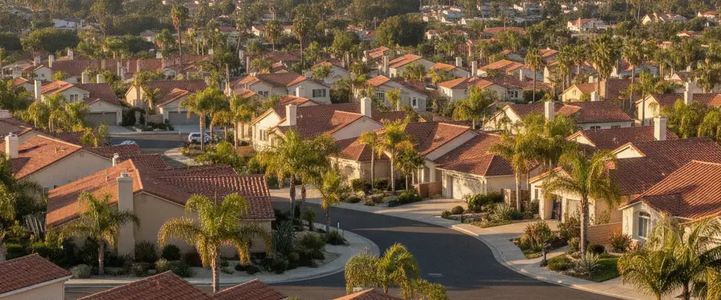 Well-maintained residential rooftops in Aliso Viejo, Orange County, California, with hazy coastal hills beyond