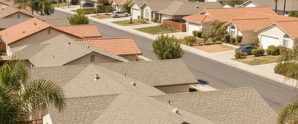 Well-maintained residential rooftops in Anaheim, Orange County, California, with hazy coastal hills beyond