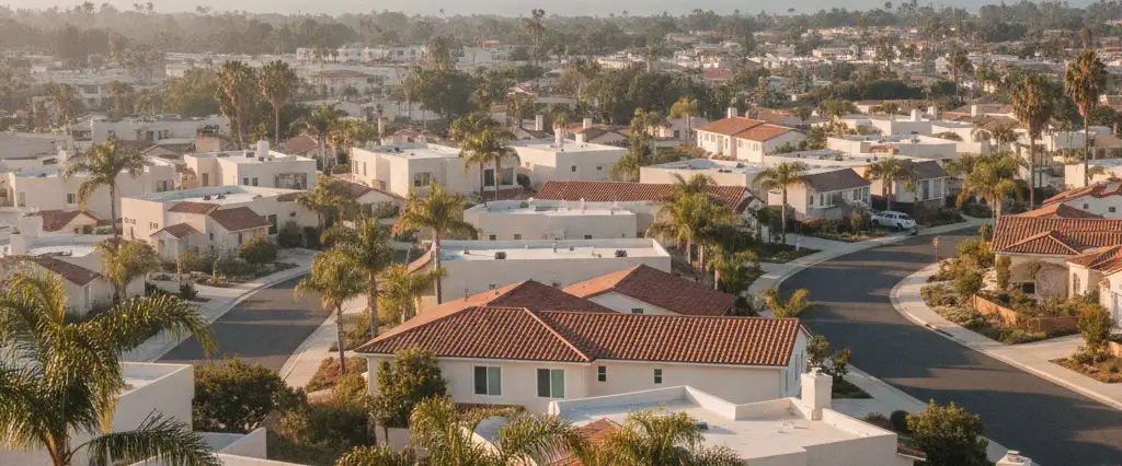 Well-maintained residential rooftops in Costa Mesa, Orange County, California, with hazy coastal hills beyond