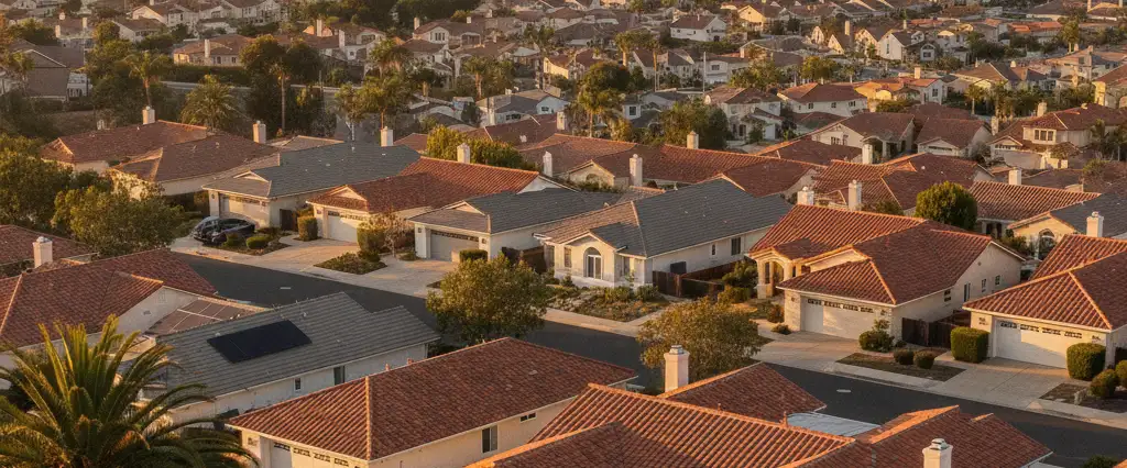 Well-maintained residential rooftops in Cypress, Orange County, California, with hazy coastal hills beyond