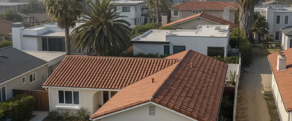 Well-maintained residential rooftops in Huntington Beach, Orange County, California, with hazy coastal hills beyond