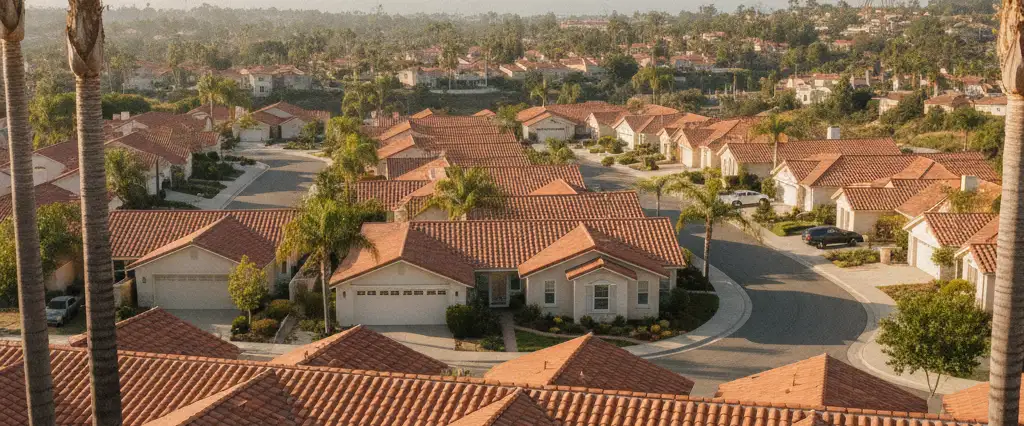 Well-maintained residential rooftops in Laguna Niguel, Orange County, California, with hazy coastal hills beyond