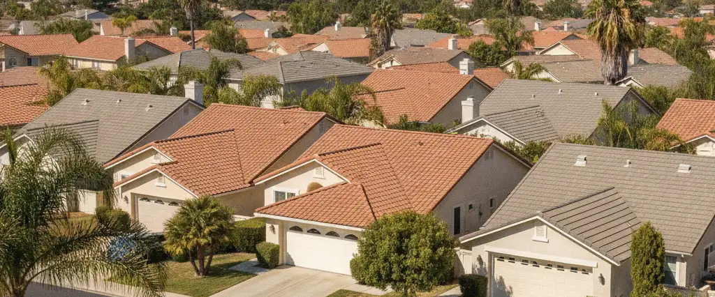 Well-maintained residential rooftops in Lake Forest, Orange County, California, with hazy coastal hills beyond