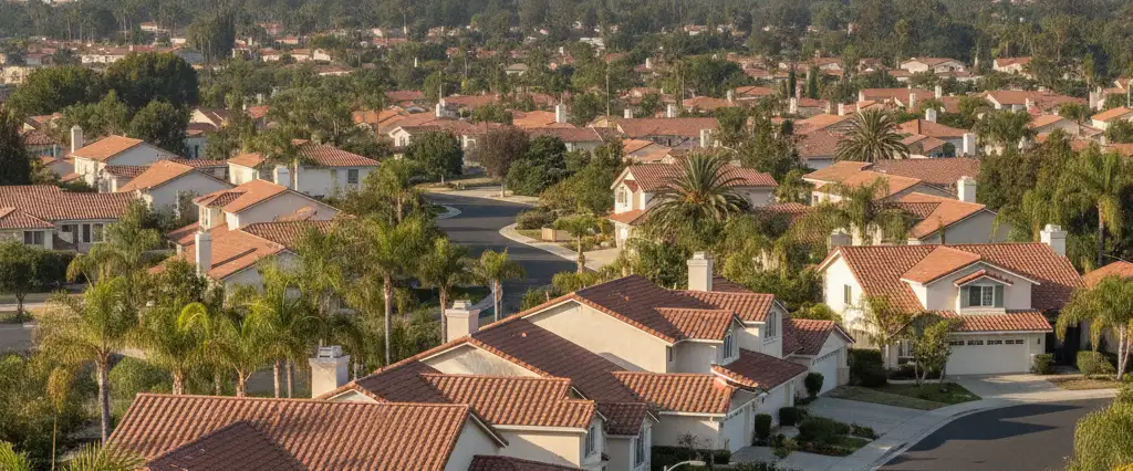 Well-maintained residential rooftops in Mission Viejo, Orange County, California, with hazy coastal hills beyond