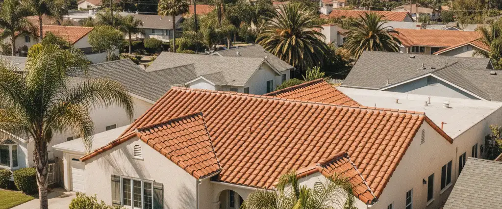Well-maintained residential rooftops in Orange, Orange County, California, with hazy coastal hills beyond